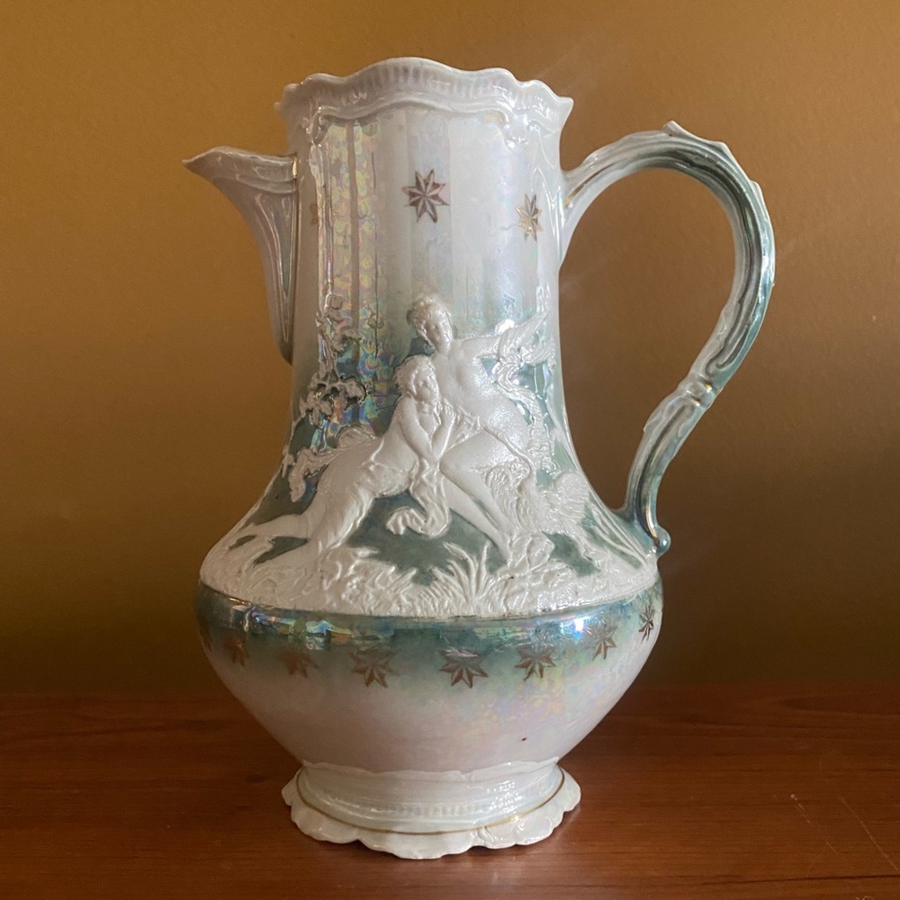 Antique green lusterware pitcher vase with Grecian scene